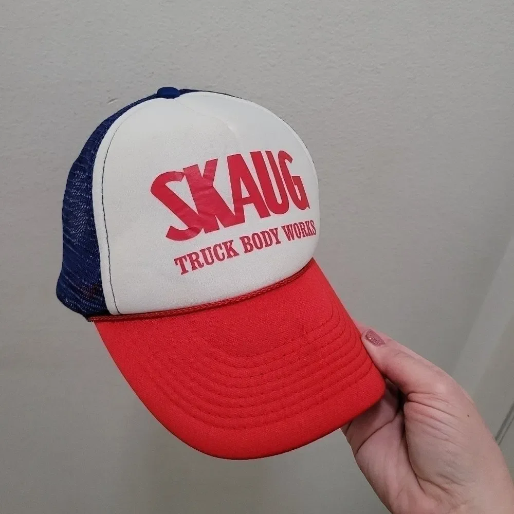 Vintage SKAUG Truck Body Works Mesh Trucker Hat Red White Blue Americana Y2K